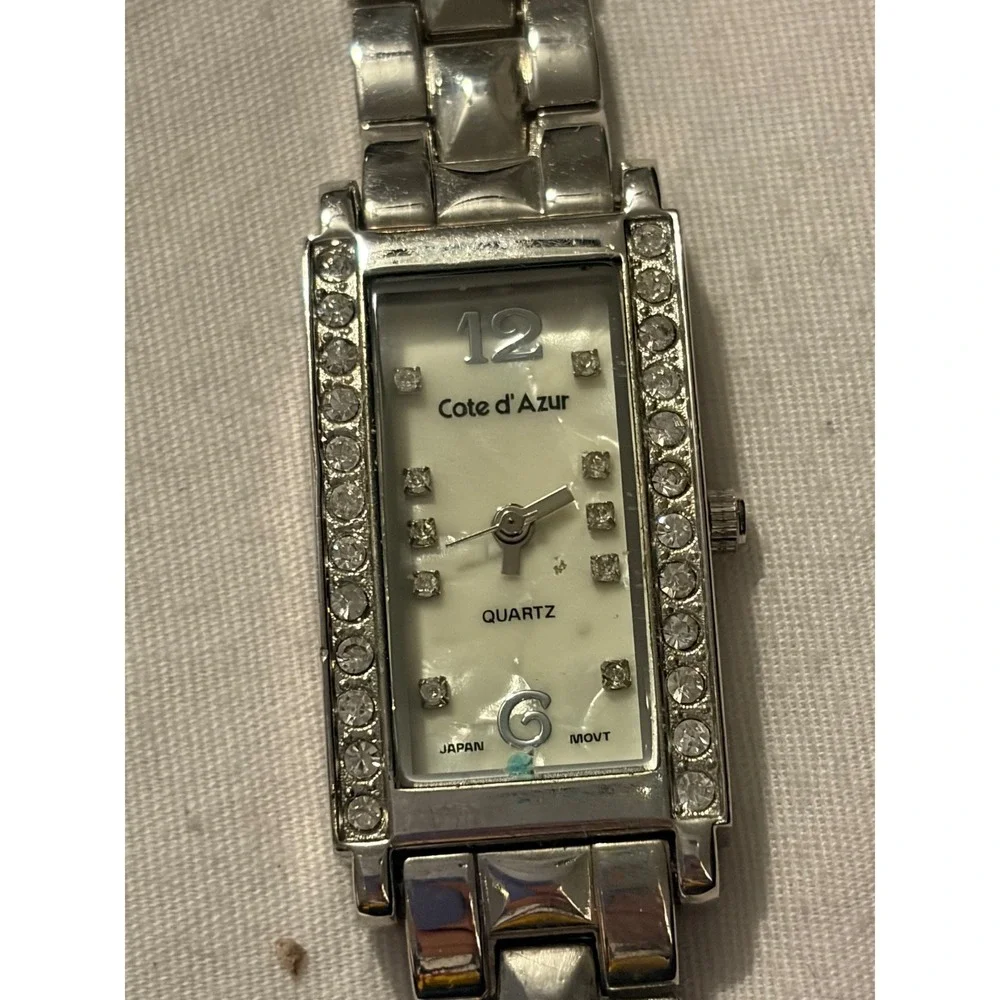 Cote d'Azur Silver‎ Tone Rhinestone Bezel Quartz Japan Movt Women's  Tank Watch